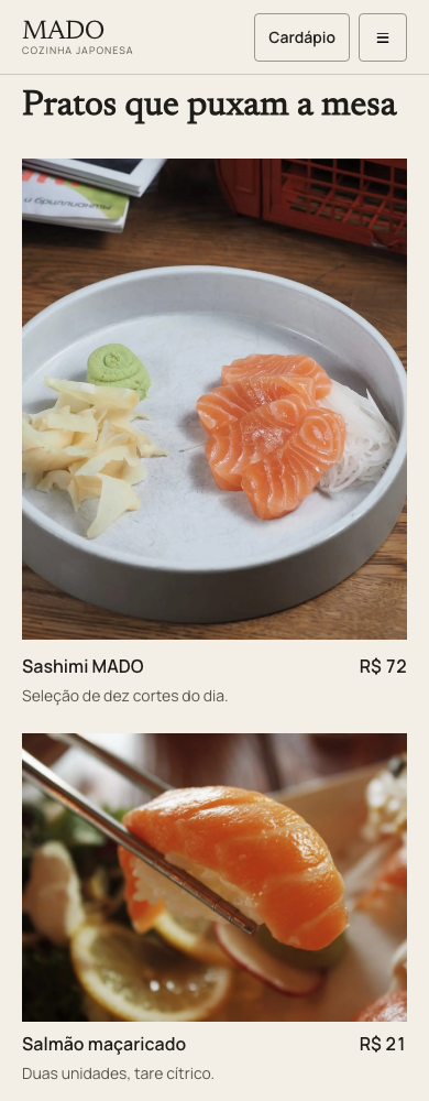 MADO — menu mobile com lista de pratos