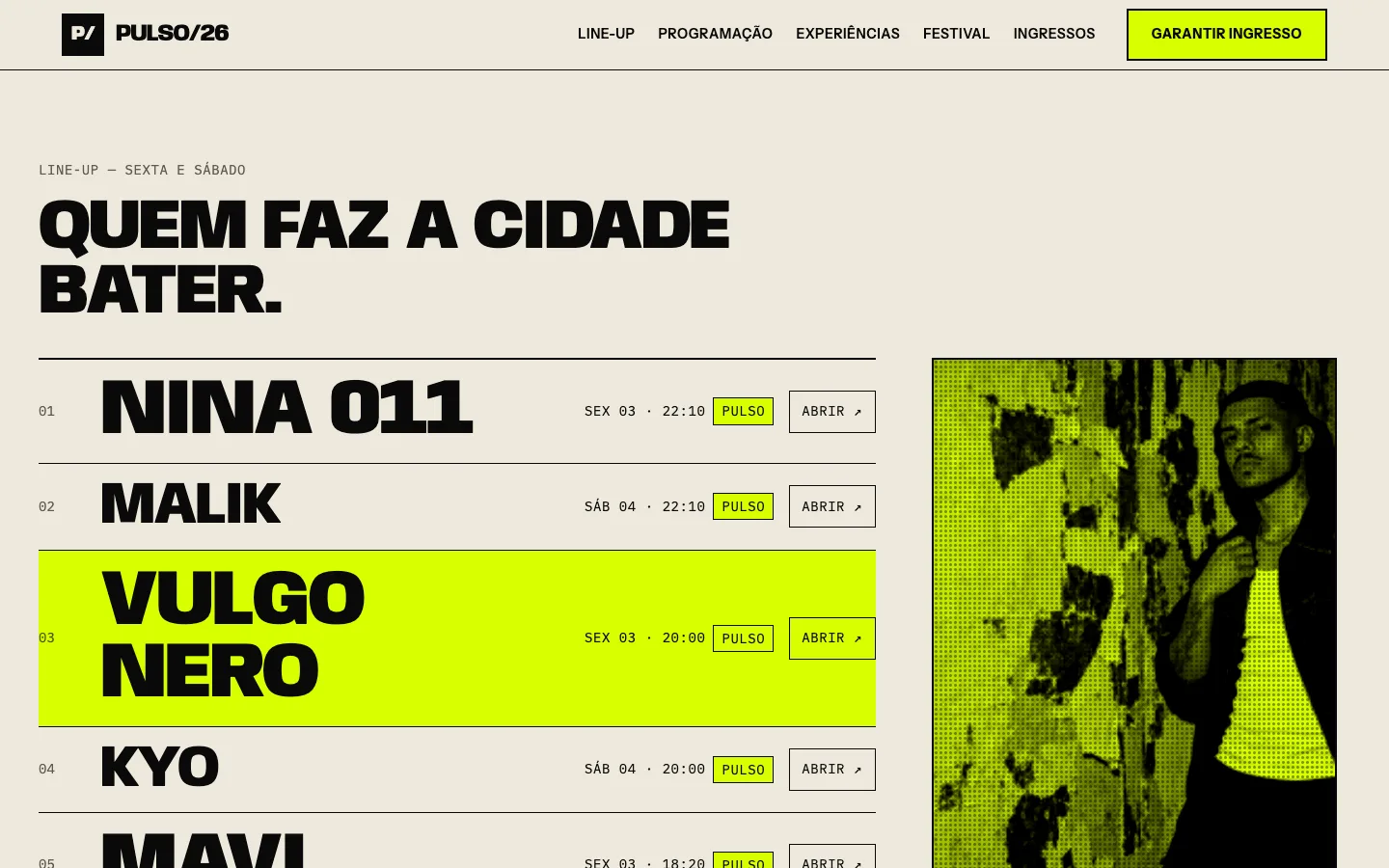 PULSO — line-up interativo com fileira ativa e preview rail em duotone