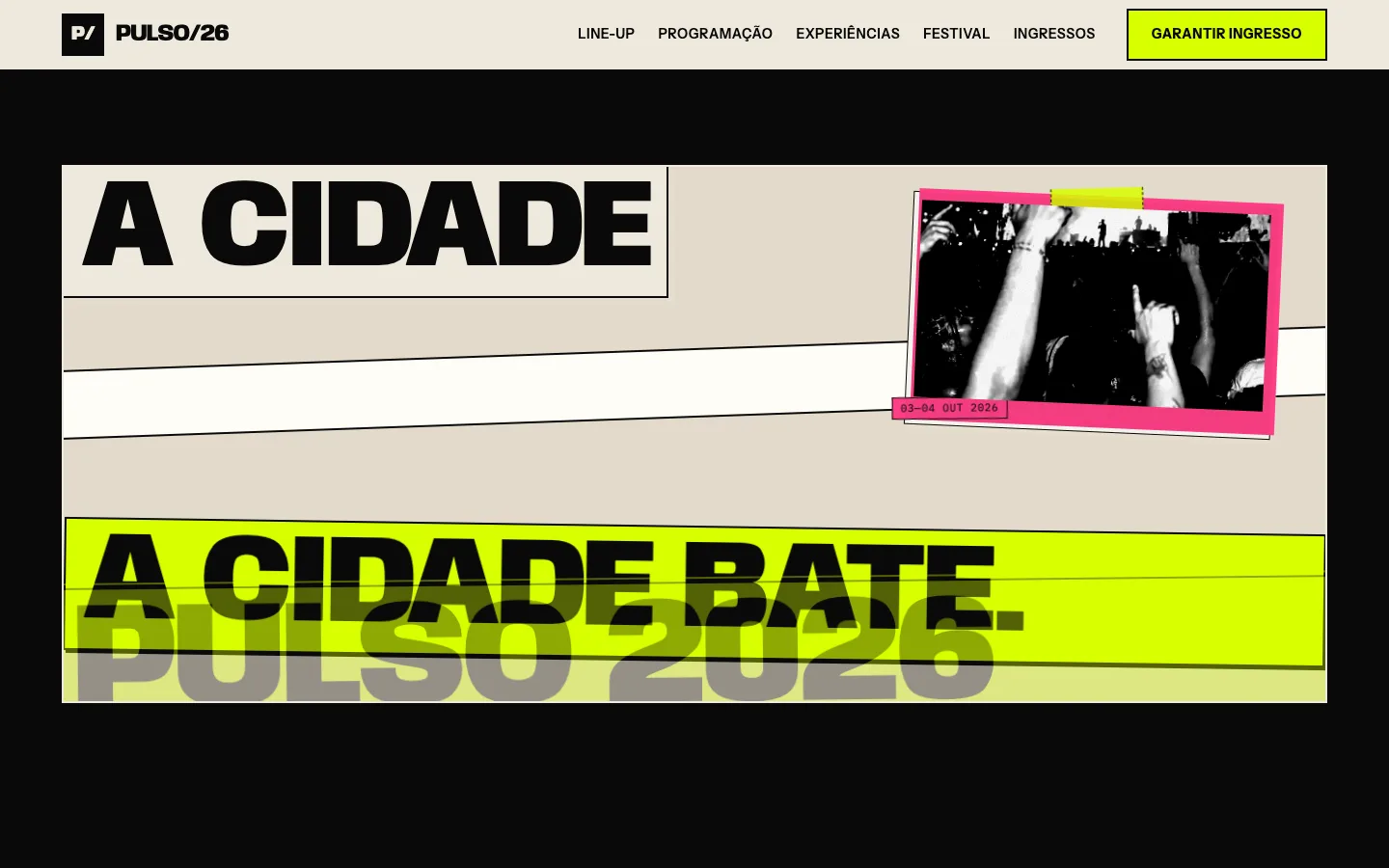 PULSO — poster overwrite com lambe-lambe, fotografia e barra ácida sobrepostos ao grid