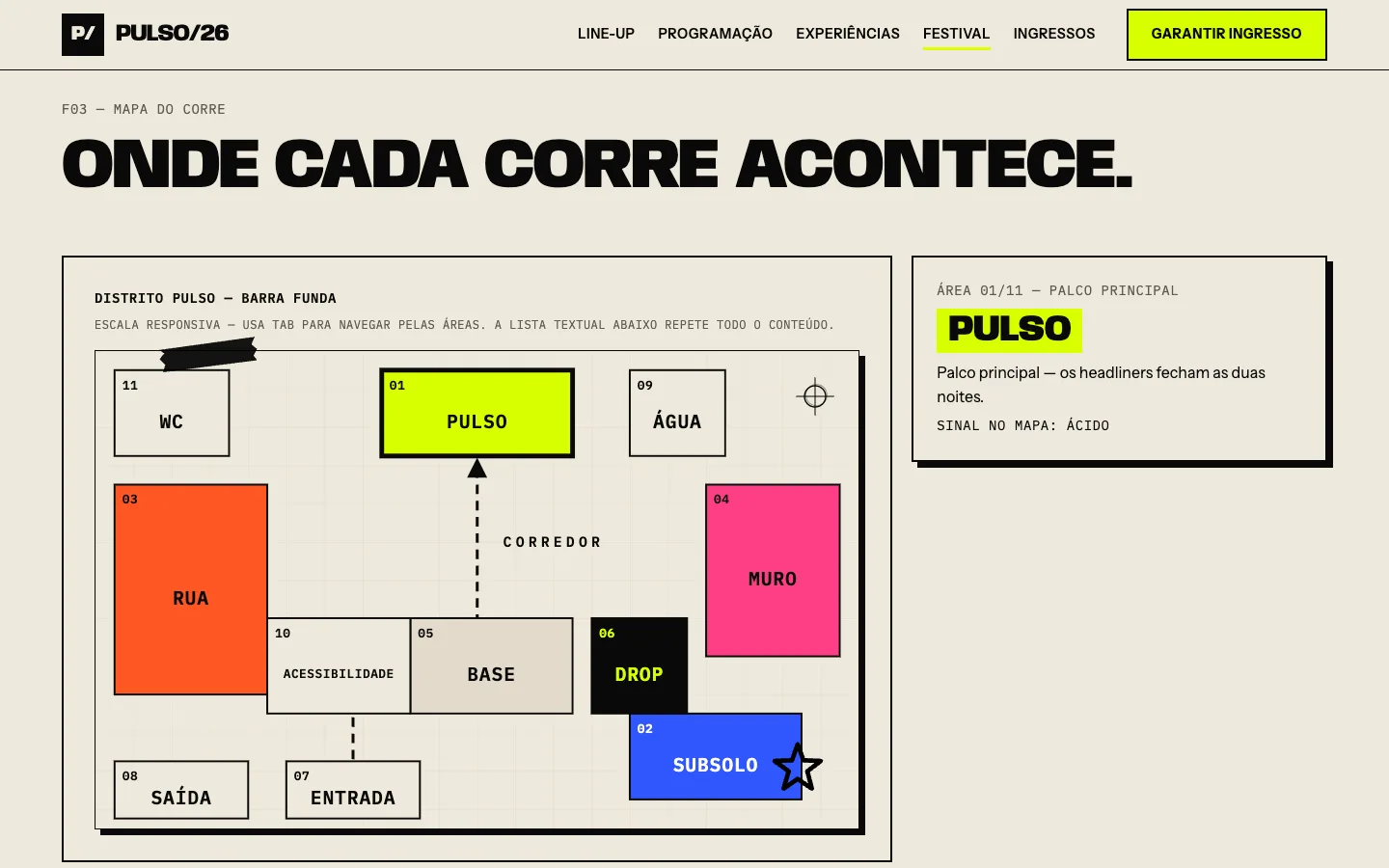 PULSO — mapa do festival com áreas e painel de detalhe