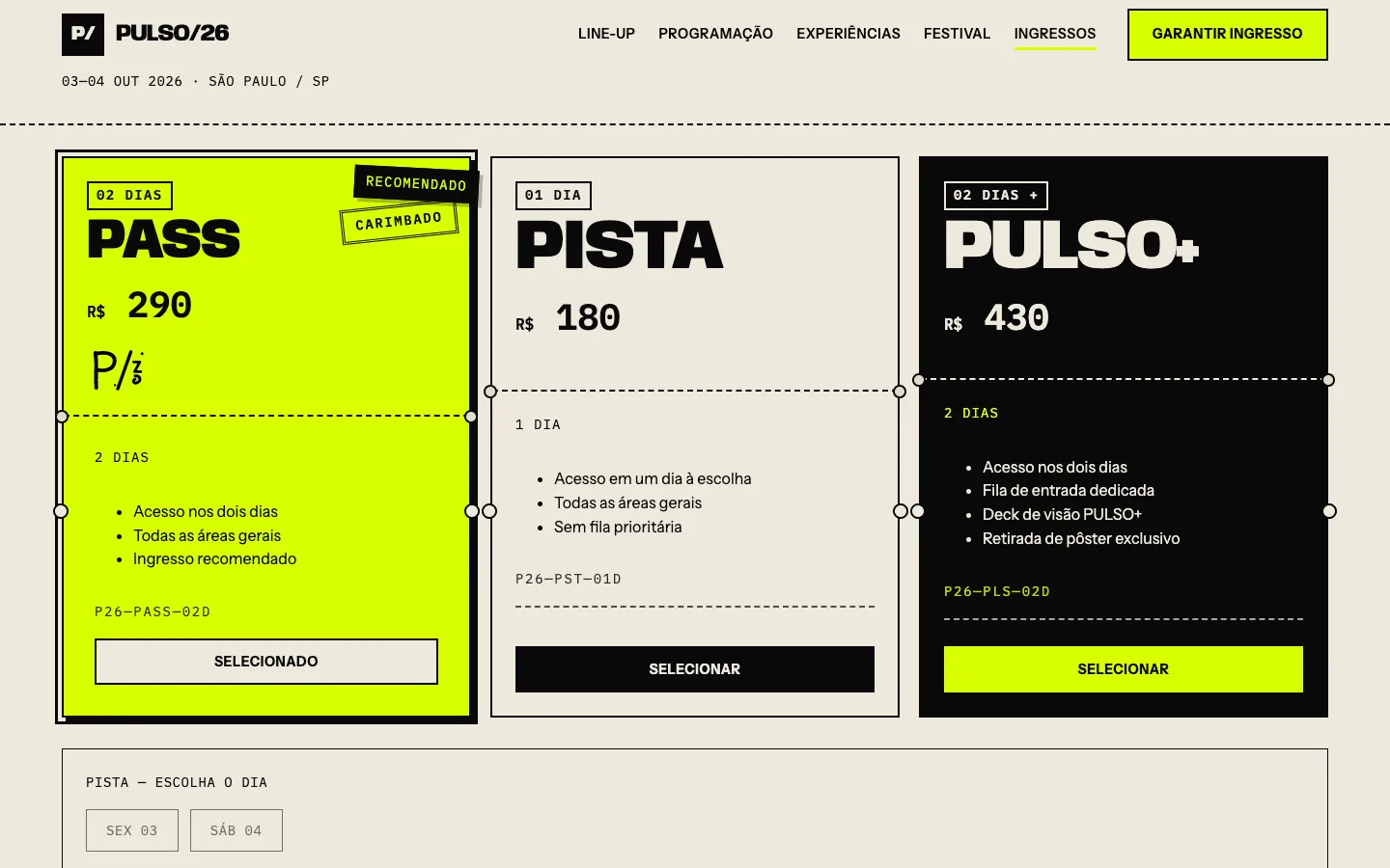 PULSO — ingressos com passe selecionado e tickets lado a lado