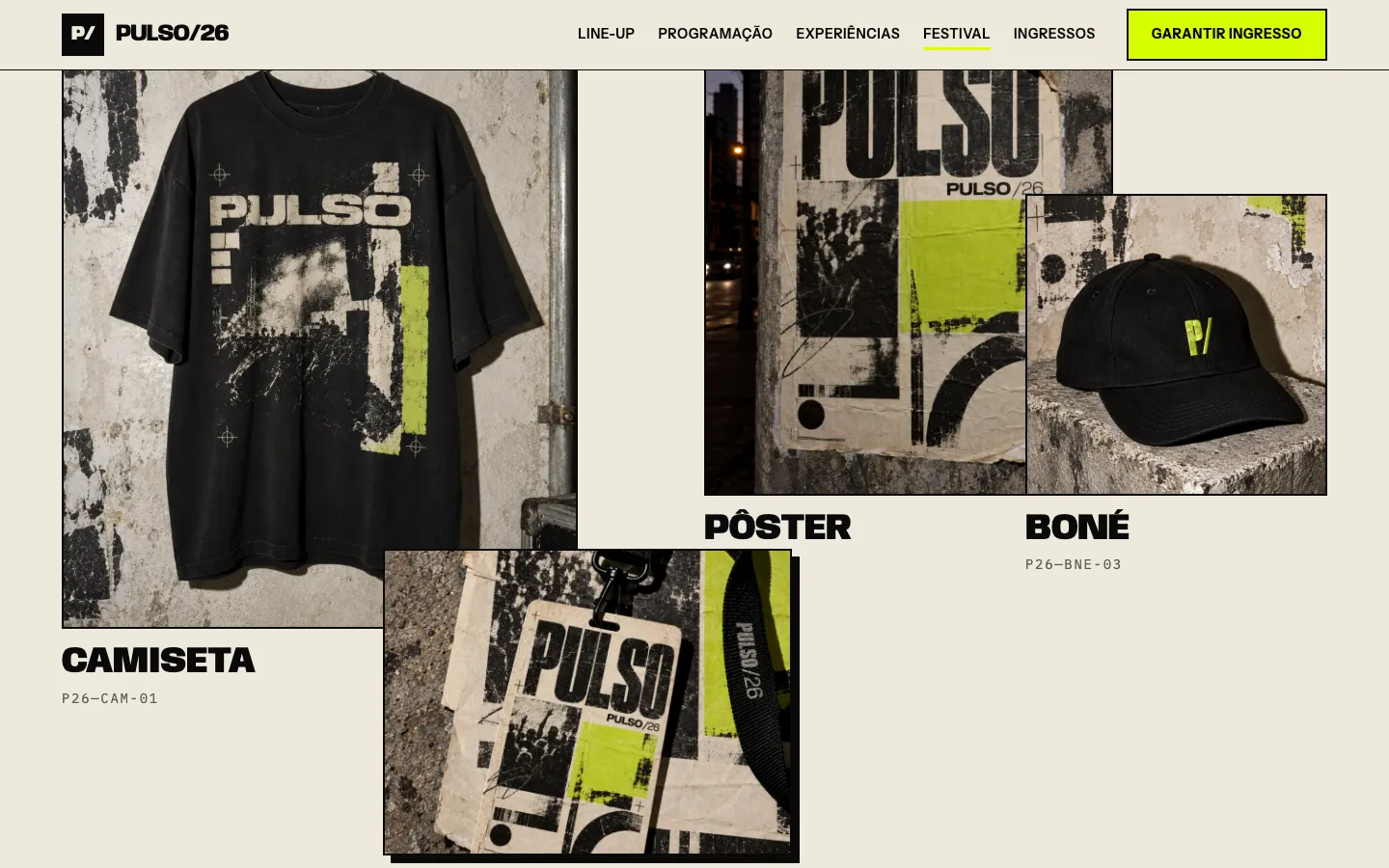 PULSO — spread de merch com camiseta, pôster, boné e credencial