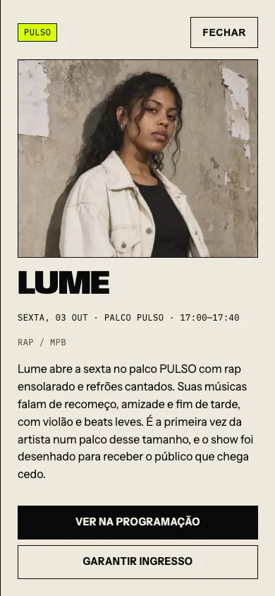 PULSO — drawer de artista aberto no mobile