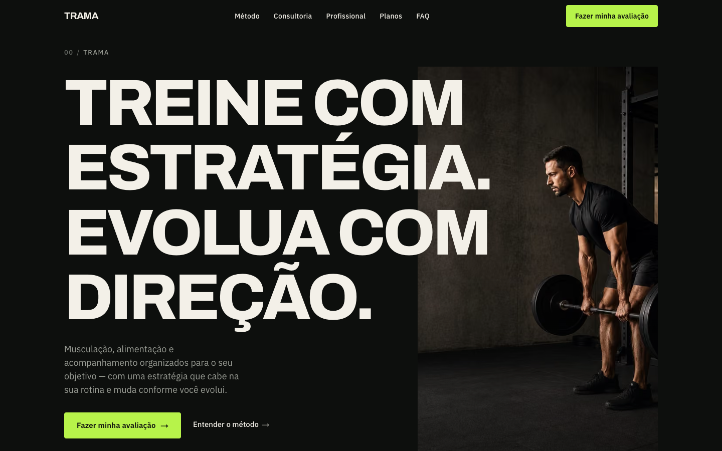 TRAMA — página inicial, hero de alto contraste com navegação e chamada para o método